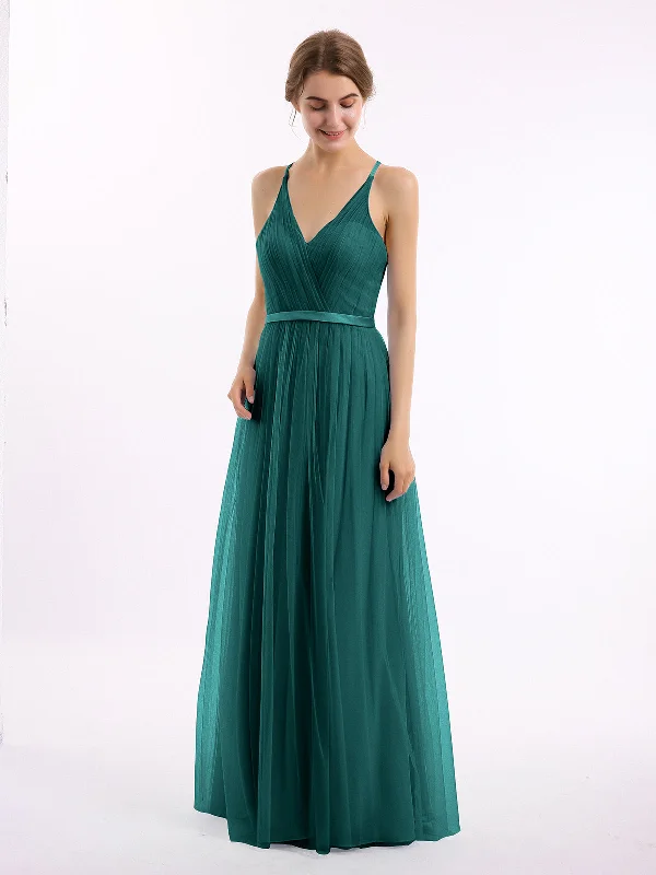 V Neck Tulle Long Dresses with Satin Sash Peacock Tunics Satin smooth