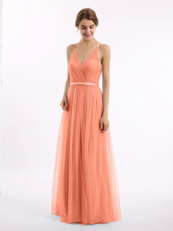 V Neck Tulle Long Dresses with Satin Sash Sunset Tunics Timeless classic