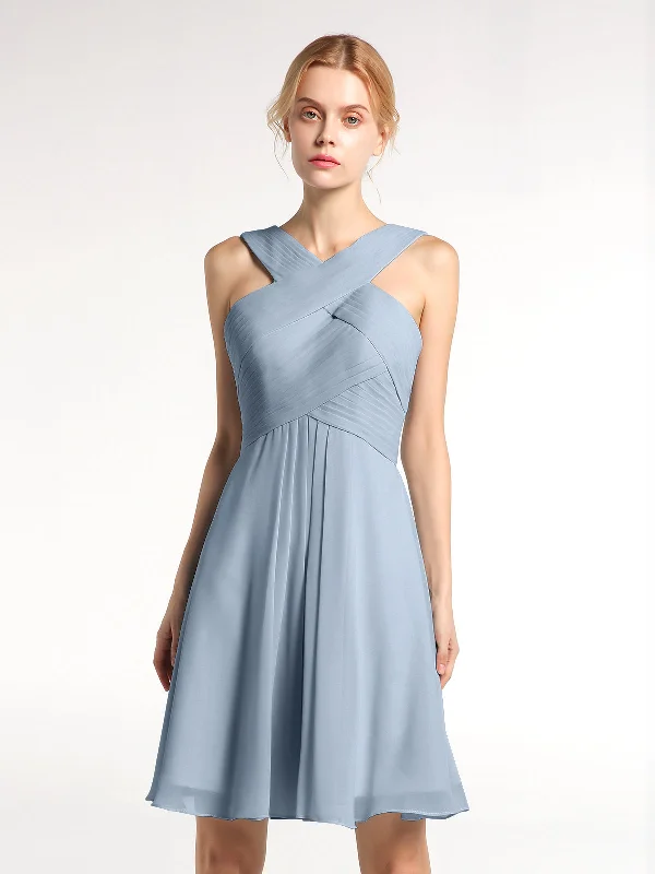 Cross Front Empire Waist Short Bridesmaid Dress Dusty Blue Tunics Stylish elegant