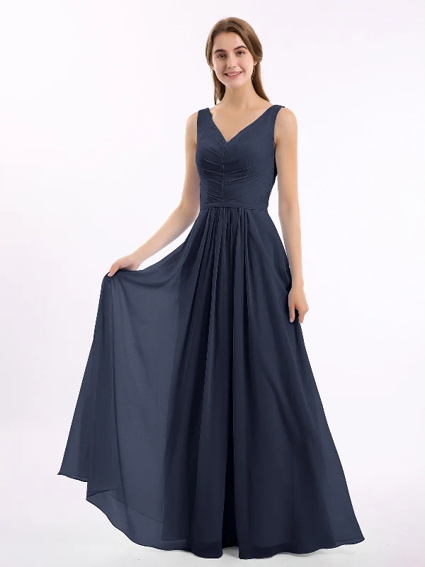 V-neck Chiffon Long Dress of Bridesmaids Dark Navy Tunics Silk luxurious