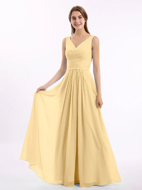 V-neck Chiffon Long Dress of Bridesmaids Gold Tunics Sophisticated sleek
