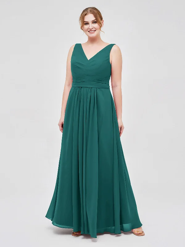 V-neck Chiffon Long Dress of Bridesmaids Peacock Elegant Long Evening