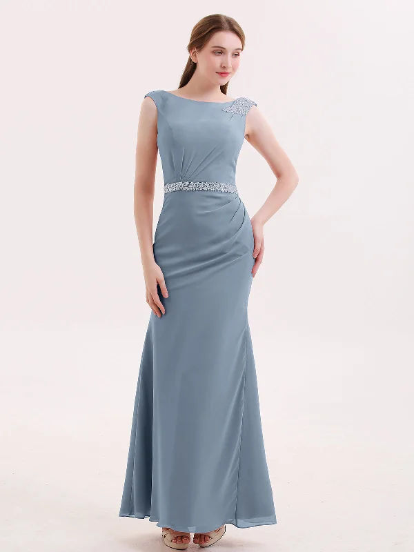 Chiffon Sheath Dress with Beaded Waistband-Dusty Blue Tunics Brand named
