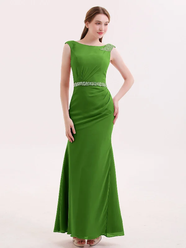 Chiffon Sheath Dress with Beaded Waistband-Moss Tunics Long Elegant