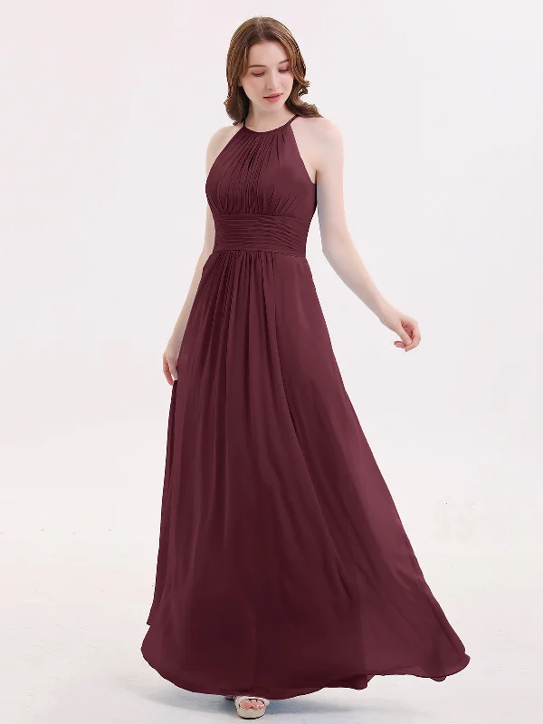 Halter Long Chiffon Dress with Pleated Waist-Cabernet Cowl Neckline Elegant