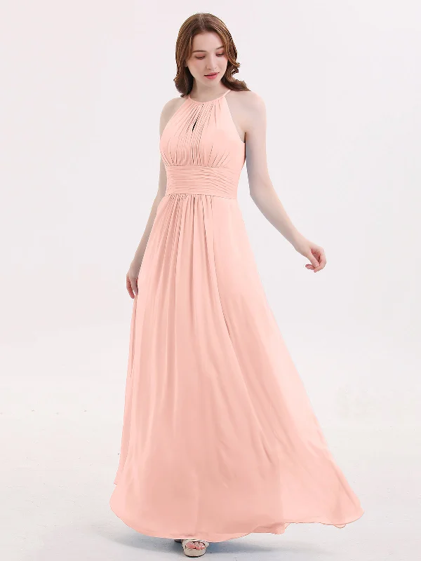 Halter Long Chiffon Dress with Pleated Waist-Coral Tunics Handmade artisanal