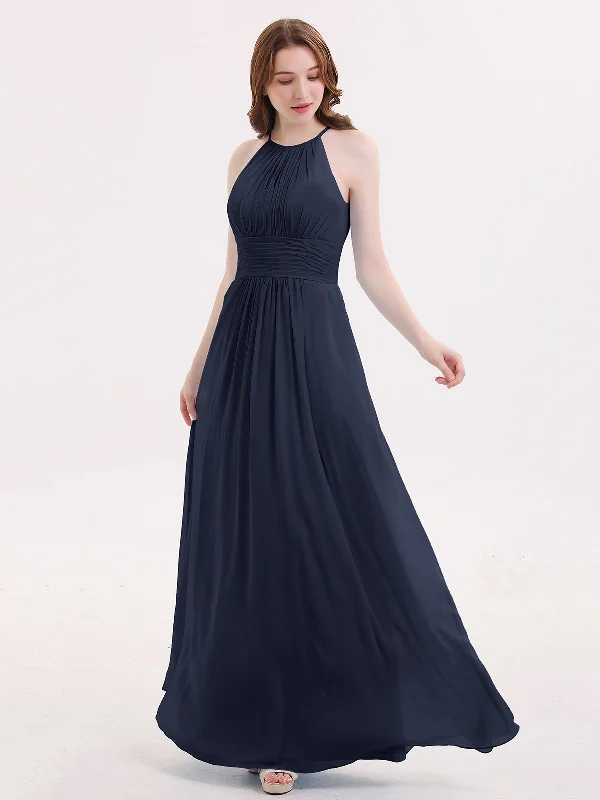 Halter Long Chiffon Dress with Pleated Waist-Dark Navy Tunics Sophisticated sleek