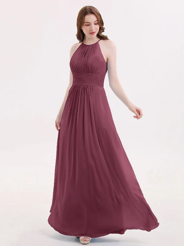 Halter Long Chiffon Dress with Pleated Waist-Mulberry Tunics Mesh breathable