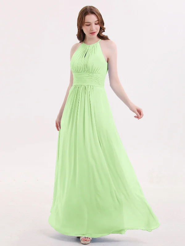 Halter Long Chiffon Dress with Pleated Waist-Sage Tunics Satin smooth