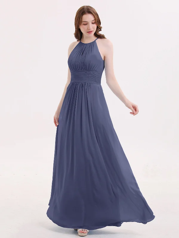 Halter Long Chiffon Dress with Pleated Waist-Stormy Tunics Spring floral
