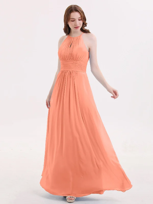 Halter Long Chiffon Dress with Pleated Waist-Sunset Tunics Print Colorful