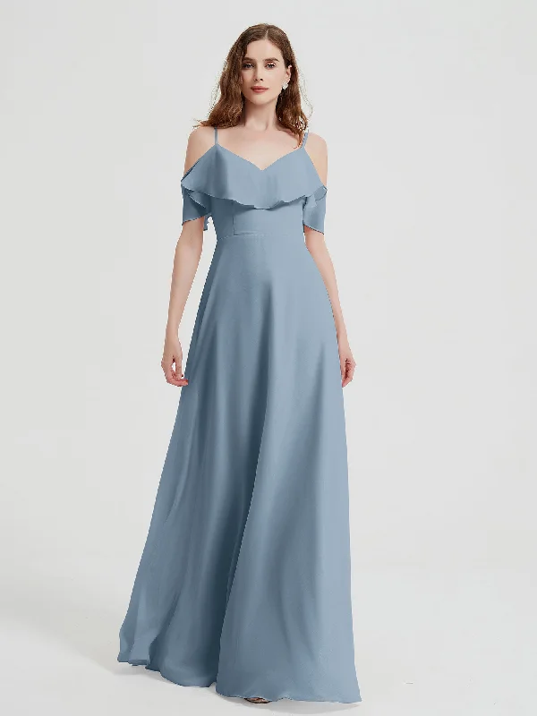 Spaghetti Straps V-neck Chiffon Long Dresses-Dusty Blue Tunics Solid Classic