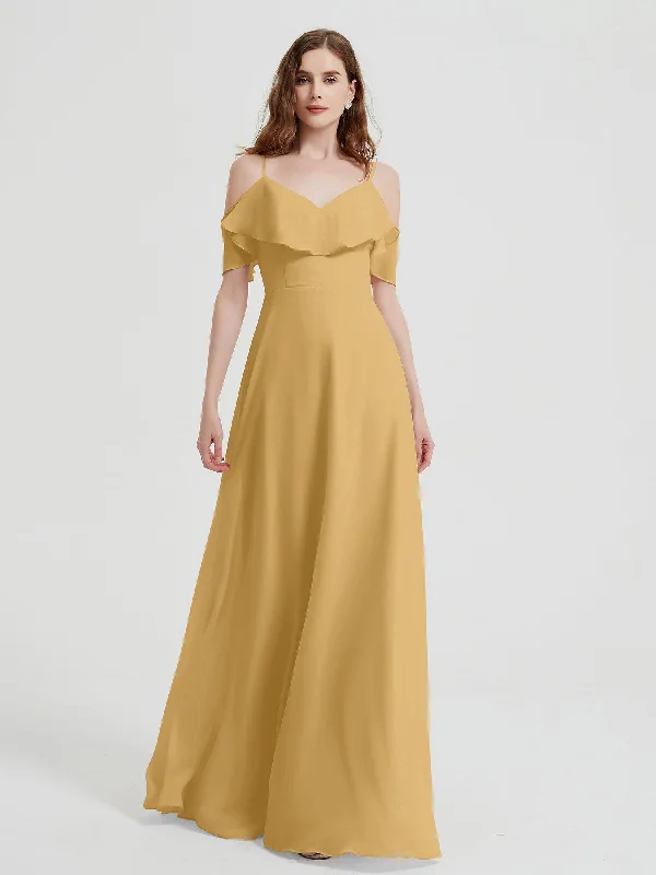 Spaghetti Straps V-neck Chiffon Long Dresses-Gold Turtleneck Warm Winter