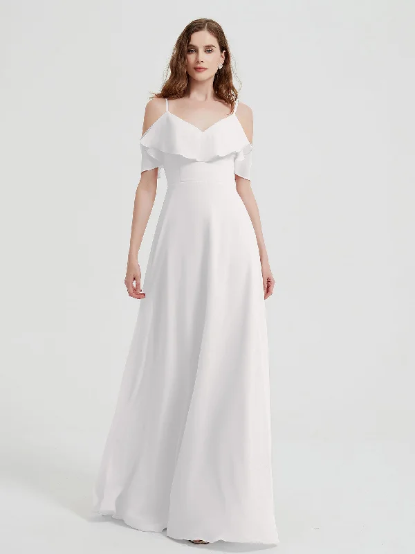 Spaghetti Straps V-neck Chiffon Long Dresses-Ivory Tunics Luxurious high-end