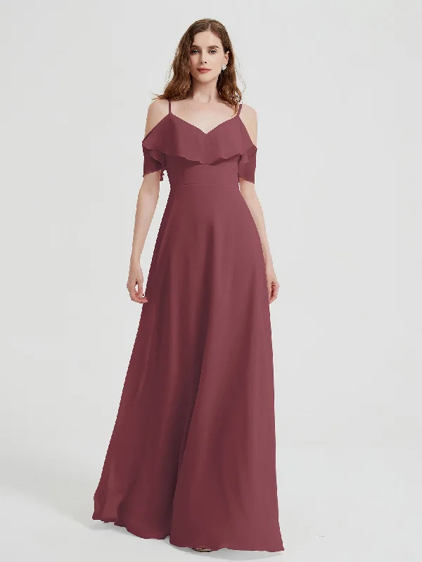 Spaghetti Straps V-neck Chiffon Long Dresses-Mulberry Turtleneck Neckline Stylish