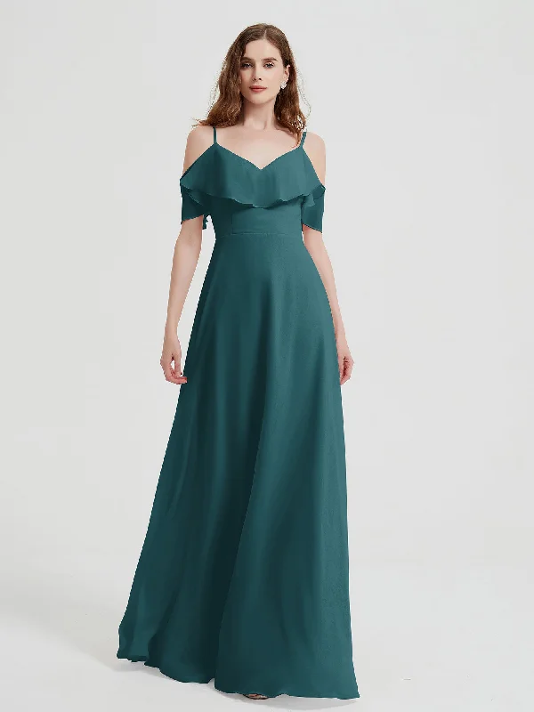 Spaghetti Straps V-neck Chiffon Long Dresses-Peacock Tunics Practical easy-care