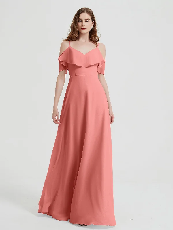 Spaghetti Straps V-neck Chiffon Long Dresses-Sunset sweetheart Neckline Romantic
