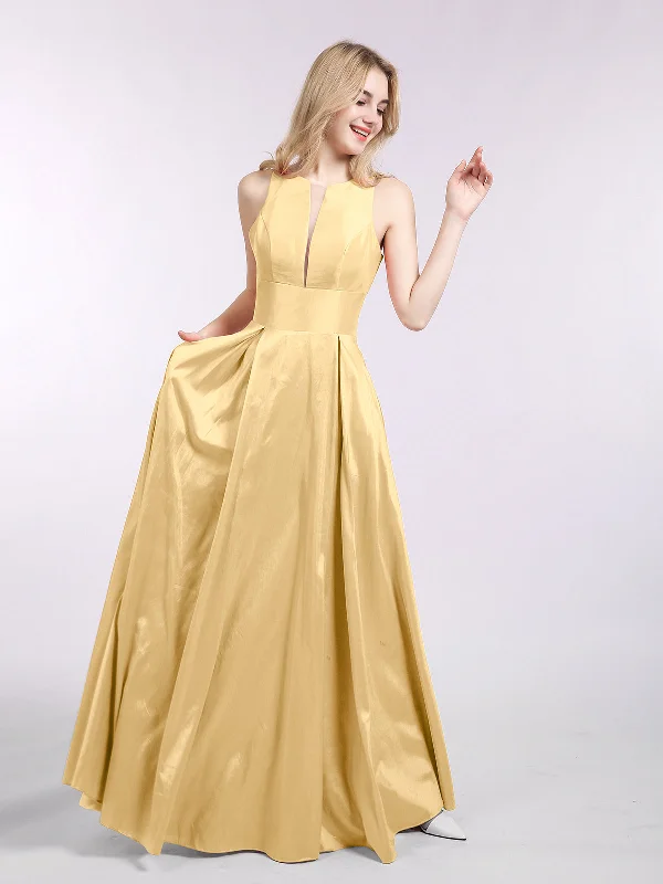 A-line Taffeta Long Dress with Pockets-Gold Tunics Cozy comfortable