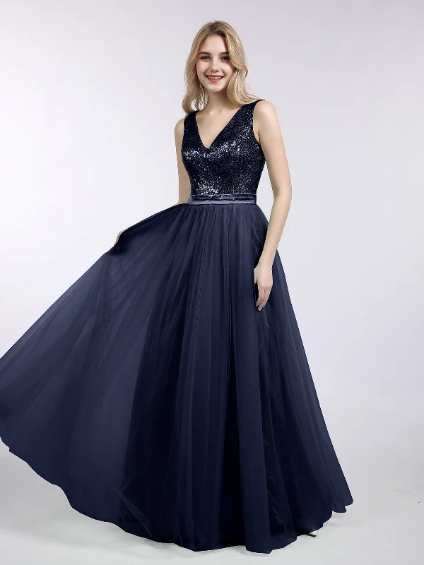 Sequins and Tulle Long Dress with V-neck-Dark Navy Tunics Fashionable chic