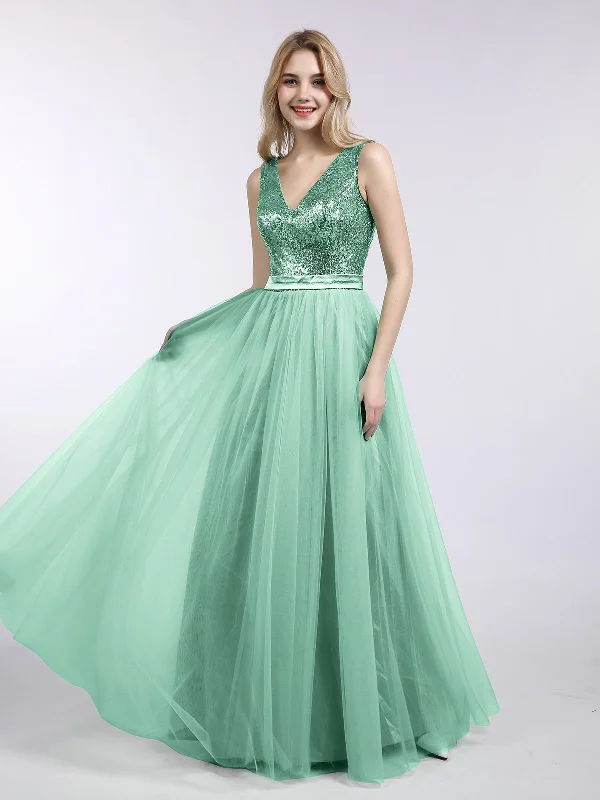 Sequins and Tulle Long Dress with V-neck-Mint Green Tunics Lace romantic