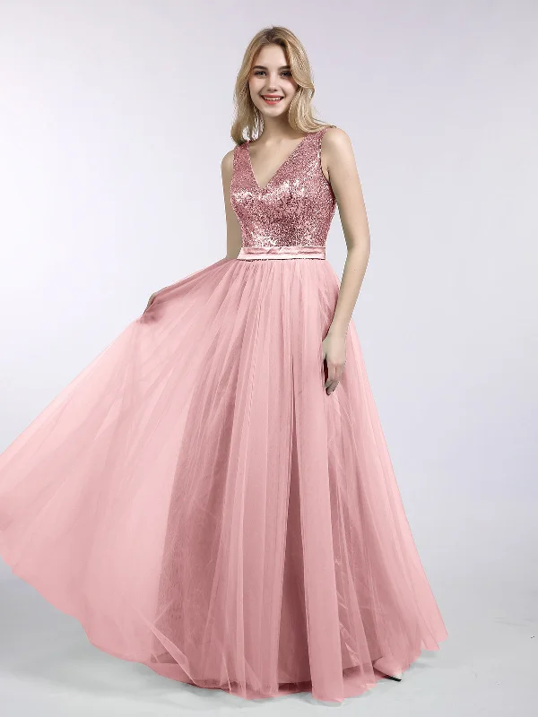 Sequins and Tulle Long Dress with V-neck-Rose Gold Tunics Timeless classic