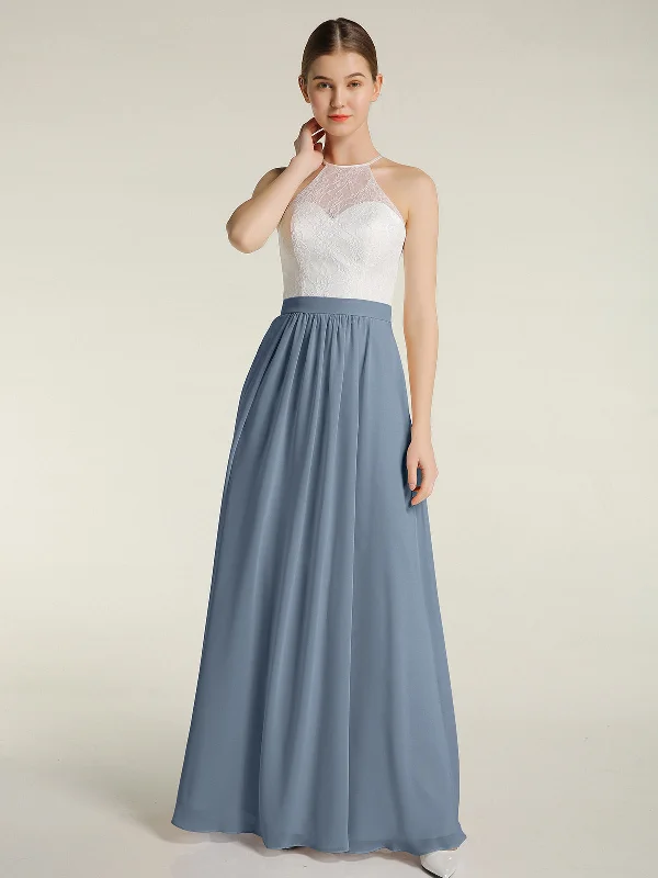 Chiffon Long Dresses with Ivory Lace Bodice-Dusty Blue Tunics Long Elegant