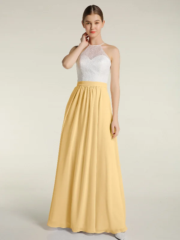 Chiffon Long Dresses with Ivory Lace Bodice-Gold Crew Neckline Sporty