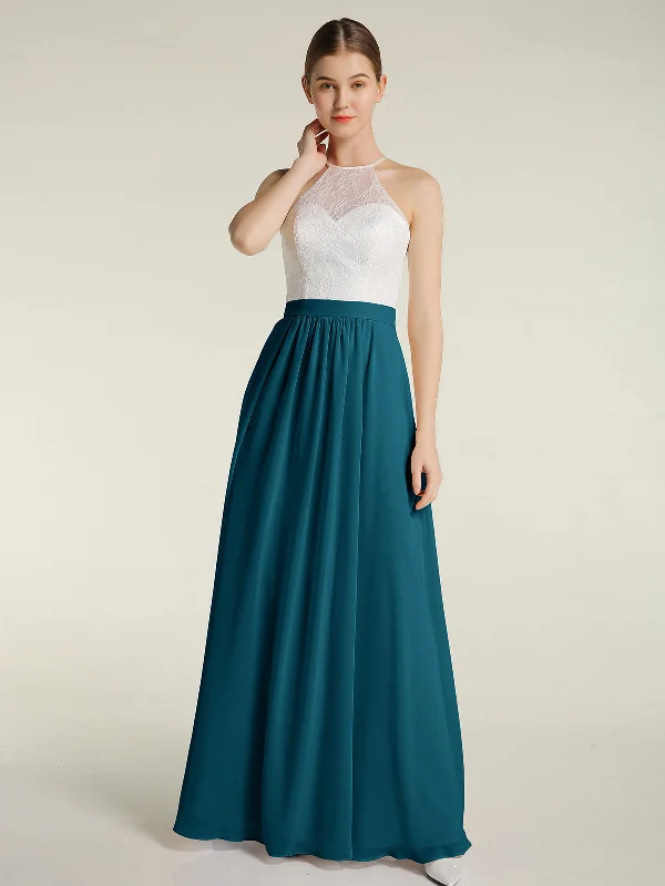 Chiffon Long Dresses with Ivory Lace Bodice-Ink Blue Tunics Sale discount