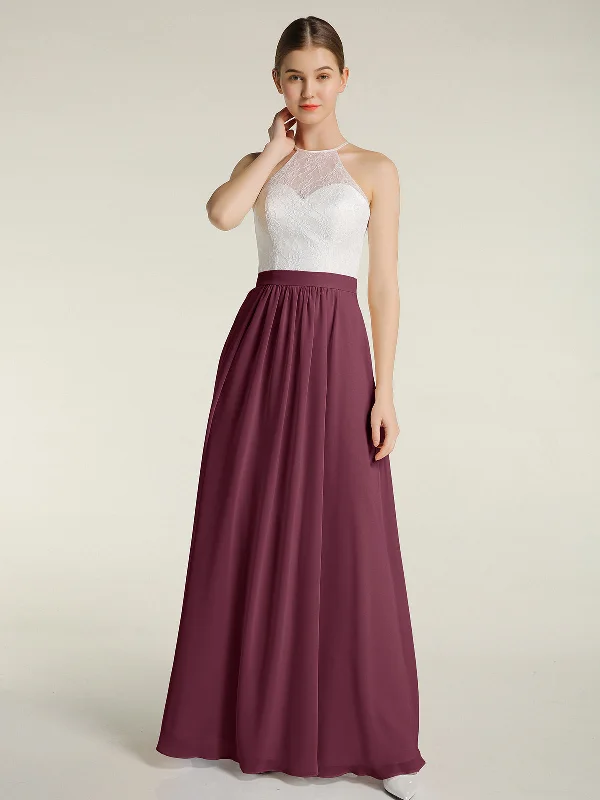 Chiffon Long Dresses with Ivory Lace Bodice-Mulberry Crew Neckline Sporty