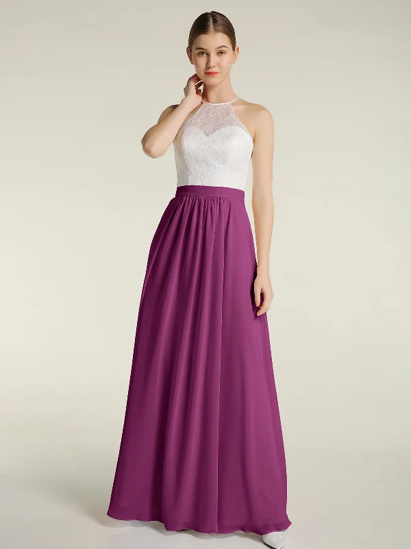Chiffon Long Dresses with Ivory Lace Bodice-Orchid Floral Print girly