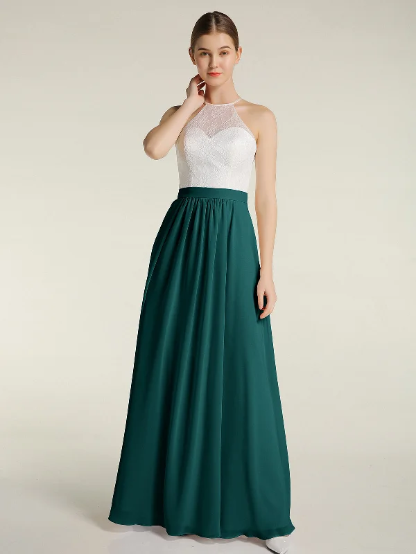 Chiffon Long Dresses with Ivory Lace Bodice-Peacock Tunics Versatile functional