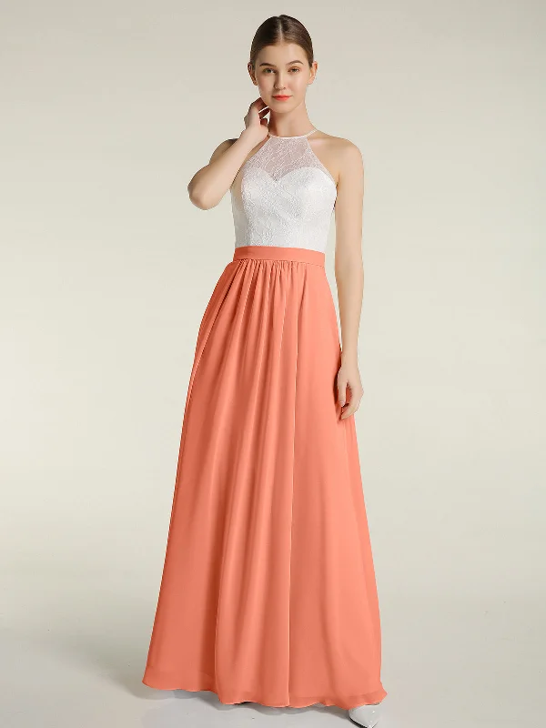 Chiffon Long Dresses with Ivory Lace Bodice-Sunset Cowl Neckline Elegant