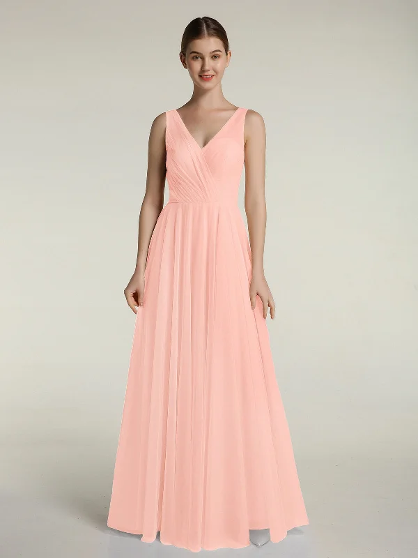Illusion V-neck Tulle Long Dresses-Coral Tunics Fall fleece
