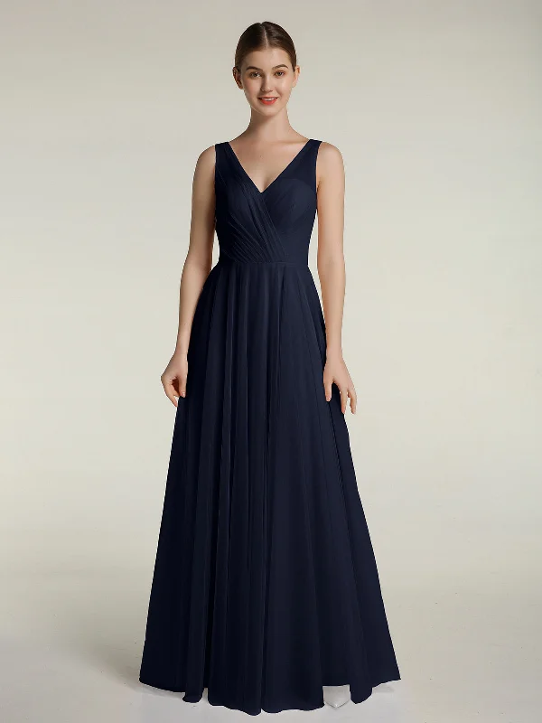 Illusion V-neck Tulle Long Dresses-Dark Navy Tunics Wedding white