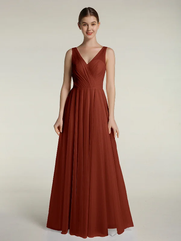 Illusion V-neck Tulle Long Dresses-Rust Tunics Leisure comfortable