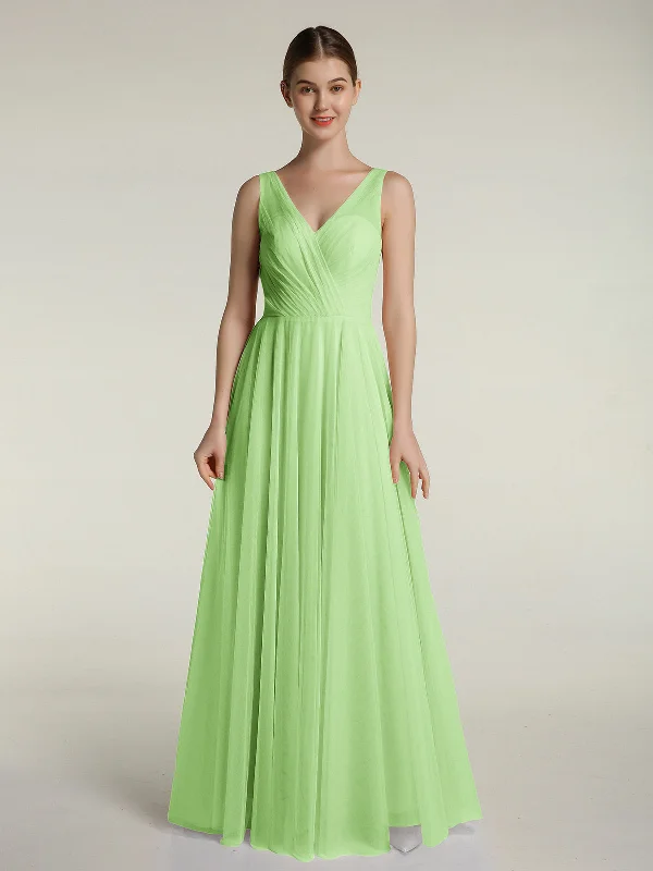 Illusion V-neck Tulle Long Dresses-Sage Boatneck Modish Everyday