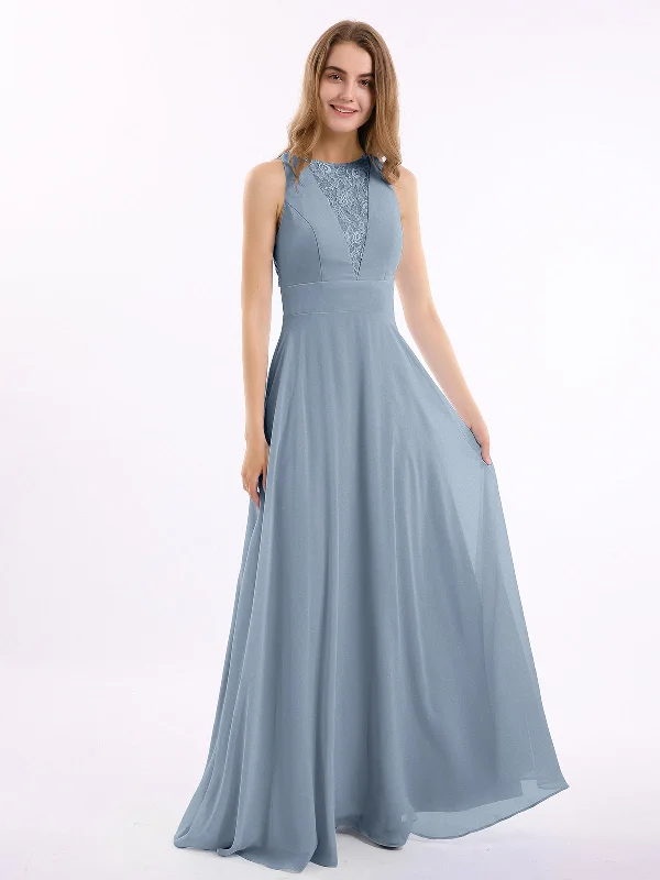 Lace Deep V-neck and Back Chiffon Long Dresses-Dusty Blue Tunics Chinos classic