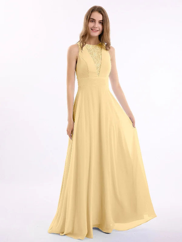 Lace Deep V-neck and Back Chiffon Long Dresses-Gold Tunics Chinos classic