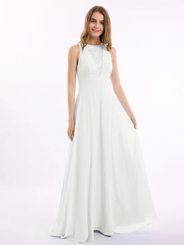 Lace Deep V-neck and Back Chiffon Long Dresses-Ivory Shift Classic Vintage
