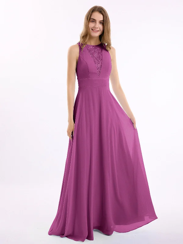 Lace Deep V-neck and Back Chiffon Long Dresses-Orchid Tunics Polka dots