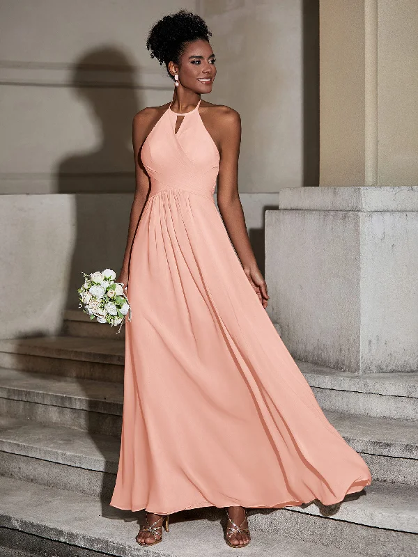 Halter Chiffon Long Dresses for Bridesmaids-Coral Tunics Fleece cozy