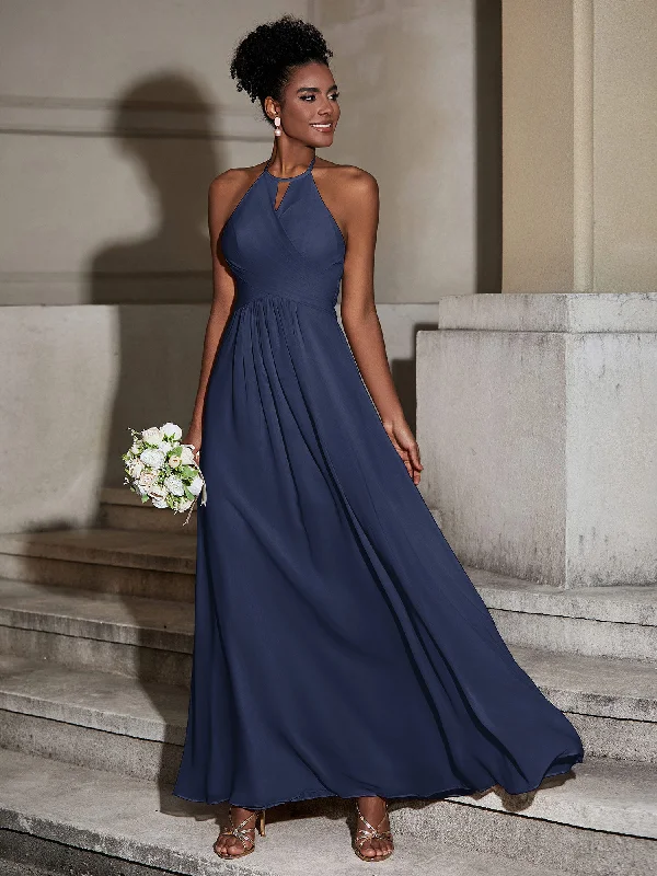 Halter Chiffon Long Dresses for Bridesmaids-Dark Navy Tunics Vintage classic