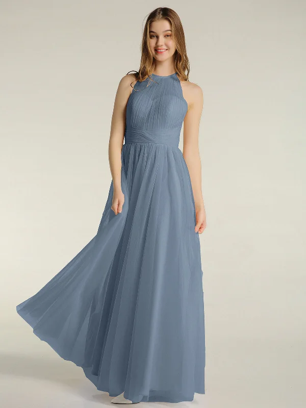 Illusion Neck Corss Waist Tulle Dresses-Dusty Blue Tunics Yoga stretchy