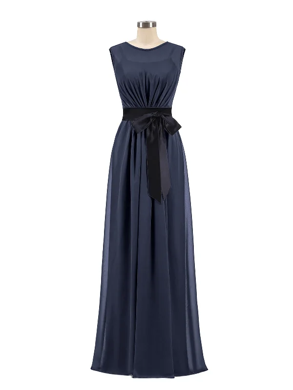 FAUX-Wrap Chiffon Dress with Black Waistband-Dark Navy Tunics stripes playful