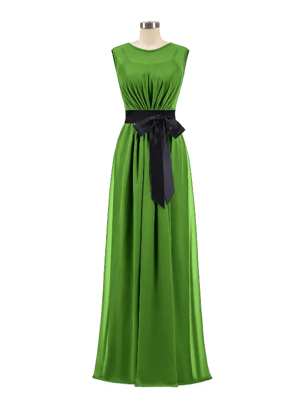 FAUX-Wrap Chiffon Dress with Black Waistband-Moss Tunics Ceremony elegant