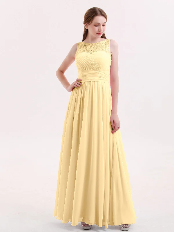 Illusion Neck Chiffon and Lace Long Dresses-Gold Tunics Bridal satin