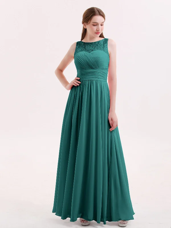 Illusion Neck Chiffon and Lace Long Dresses-Peacock Tunics Distressed trendy