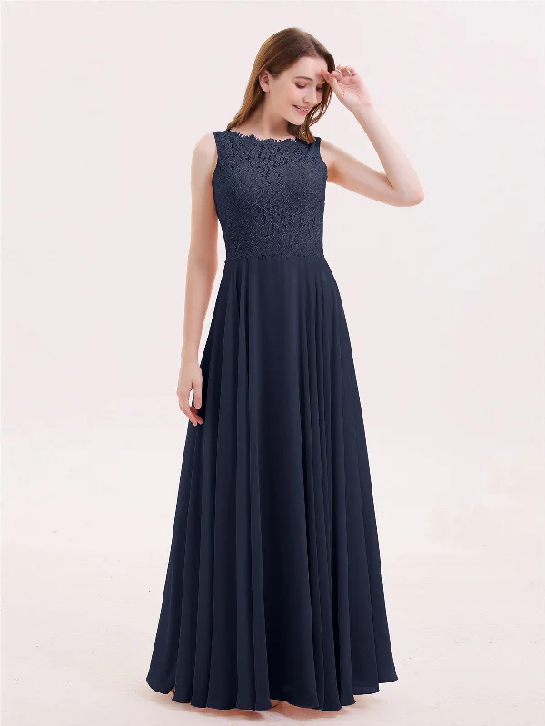 Lace Bodice Chiffon Skirt Long Dress-Dark Navy Tunics Trendy modern