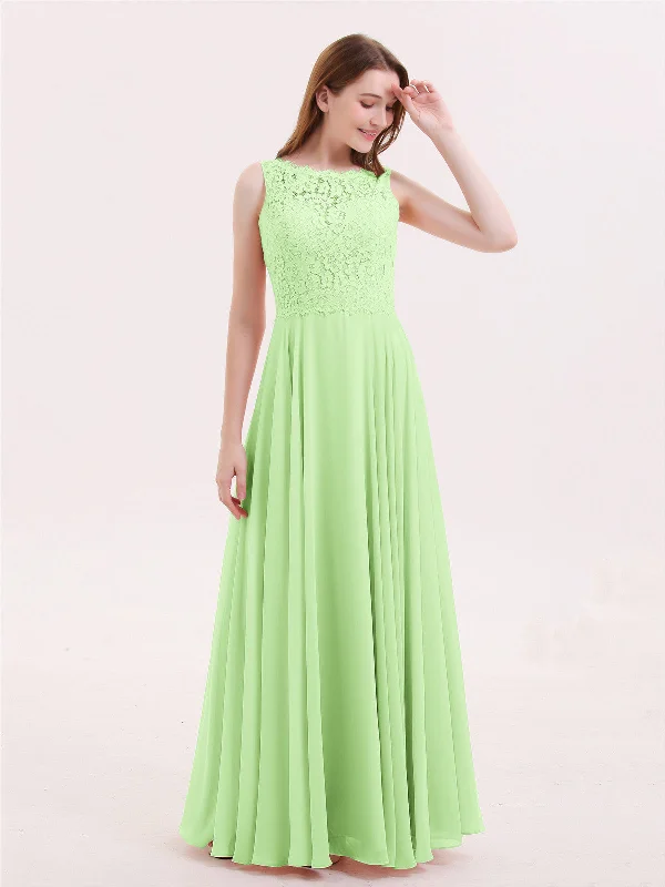 Lace Bodice Chiffon Skirt Long Dress-Sage Crew Neckline Casual