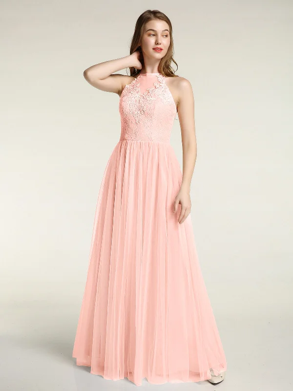 Lace Bodice and Tulle Skirt Long Dresses-Coral Boat Neckline Classic